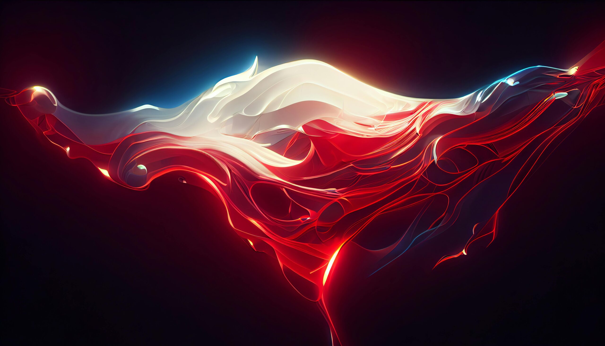 An artistic digital rendering of red and white flowing abstract waves on a dark background.